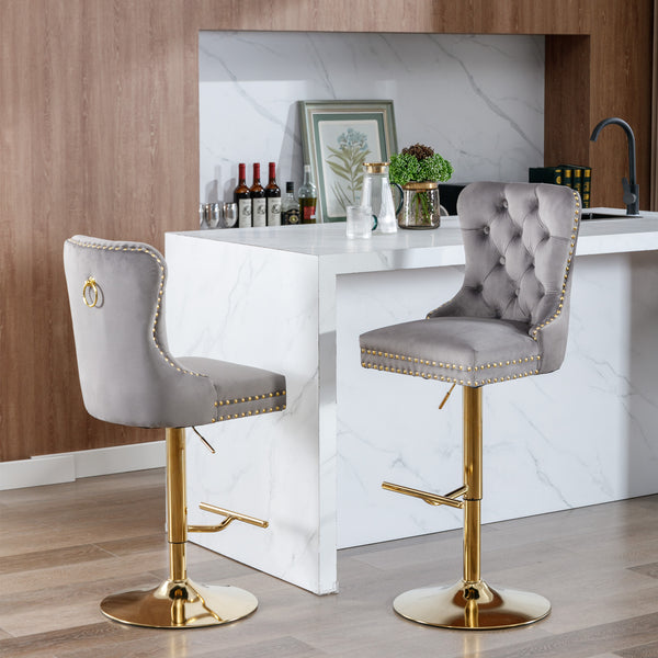 English Elm A&A Stylish Gray Velvet Swivel Barstools Set Of 2 With Adjustable Height & Modern Gold Base For Home W114367604