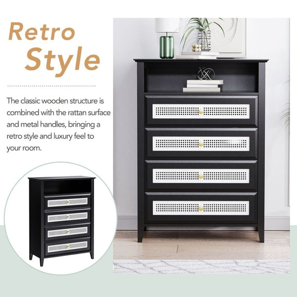 English Elm On-trend Rattan Panel 4 Drawer Dresser Black Mdf Cabinet Gold Pulls Bedroom Storage WF303857AAB