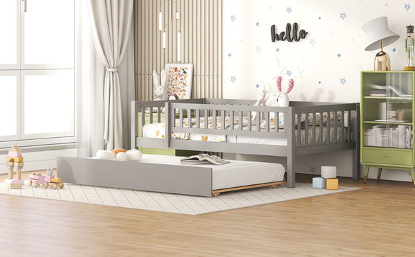 English Elm Twin Pine Wood Daybed with Roll Out Trundle Fence Guardrails Cabin Style Frame Gray WF301862AAE