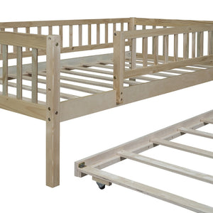 English Elm Twin Pine Wood Daybed with Roll Out Trundle Fence Guardrails Cabin Style Frame Natural WF301862AAN