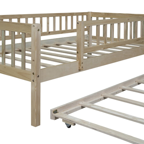 English Elm Twin Pine Wood Daybed with Roll Out Trundle Fence Guardrails Cabin Style Frame Natural WF301862AAN
