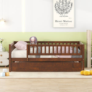 English Elm Full Size Pine Wood Daybed with Roll Out Trundle Fence Rail Guest Room Sleeper Walnut WF301863AAL