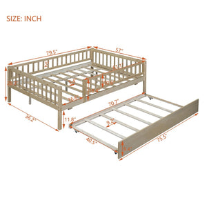 English Elm Full Size Pine Wood Daybed with Roll Out Trundle Fence Rail Guest Room Sleeper Natural WF301863AAN