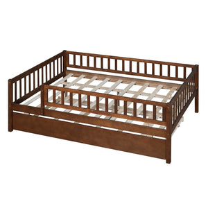 English Elm Full Size Pine Wood Daybed with Roll Out Trundle Fence Rail Guest Room Sleeper Walnut WF301863AAL