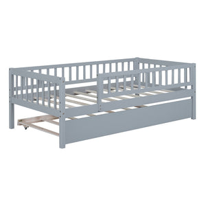 English Elm Twin Pine Wood Daybed with Roll Out Trundle Fence Guardrails Cabin Style Frame Gray WF301862AAE