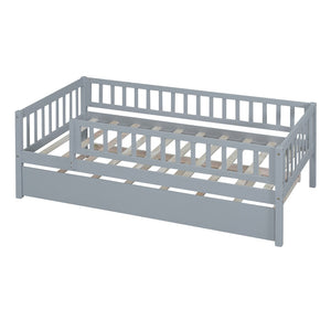 English Elm Twin Pine Wood Daybed with Roll Out Trundle Fence Guardrails Cabin Style Frame Gray WF301862AAE