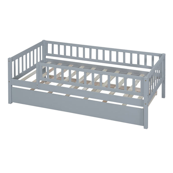 English Elm Twin Pine Wood Daybed with Roll Out Trundle Fence Guardrails Cabin Style Frame Gray WF301862AAE