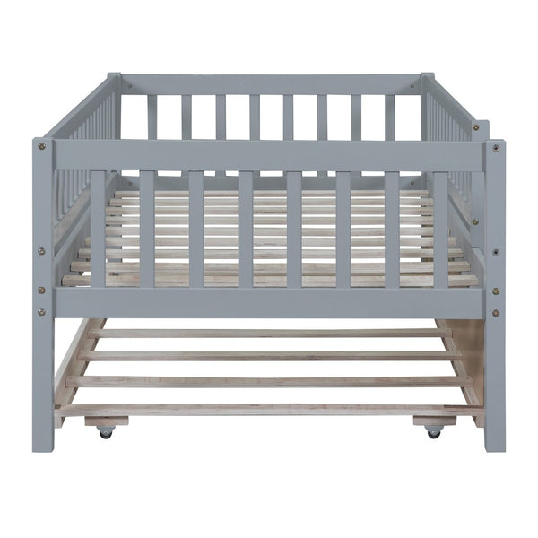 English Elm Twin Pine Wood Daybed with Roll Out Trundle Fence Guardrails Cabin Style Frame Gray WF301862AAE