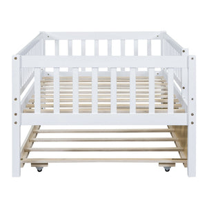English Elm Twin Pine Wood Daybed with Roll Out Trundle Fence Guardrails Cabin Style Frame White WF301862AAK