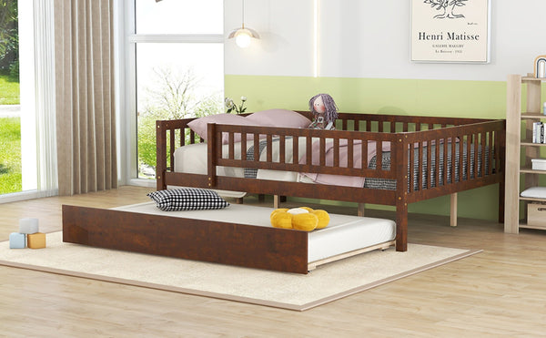 English Elm Full Size Pine Wood Daybed with Roll Out Trundle Fence Rail Guest Room Sleeper Walnut WF301863AAL
