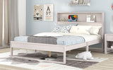 English Elm Platform Bed With Storage Headboard,Sockets and Usb Ports,Queen Size Platform Bed,Antique White