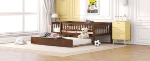 English Elm Twin Pine Wood Daybed with Roll Out Trundle Fence Guardrails Cabin Style Frame Walnut WF301862AAL