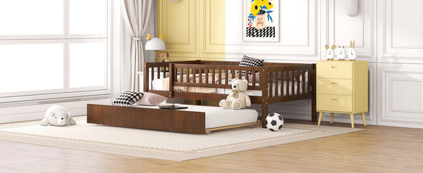 English Elm Twin Pine Wood Daybed with Roll Out Trundle Fence Guardrails Cabin Style Frame Walnut WF301862AAL