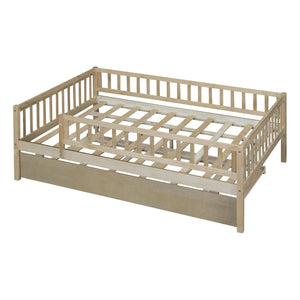 English Elm Full Size Pine Wood Daybed with Roll Out Trundle Fence Rail Guest Room Sleeper Natural WF301863AAN