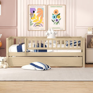 English Elm Twin Pine Wood Daybed with Roll Out Trundle Fence Guardrails Cabin Style Frame Natural WF301862AAN