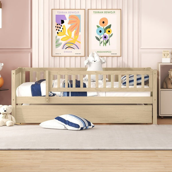 English Elm Twin Pine Wood Daybed with Roll Out Trundle Fence Guardrails Cabin Style Frame Natural WF301862AAN