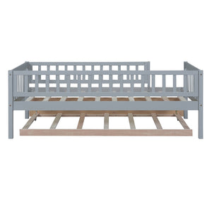 English Elm Twin Pine Wood Daybed with Roll Out Trundle Fence Guardrails Cabin Style Frame Gray WF301862AAE