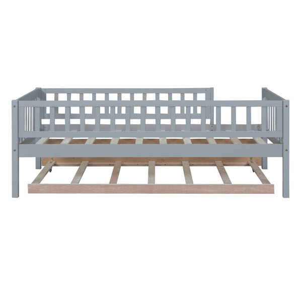 English Elm Twin Pine Wood Daybed with Roll Out Trundle Fence Guardrails Cabin Style Frame Gray WF301862AAE