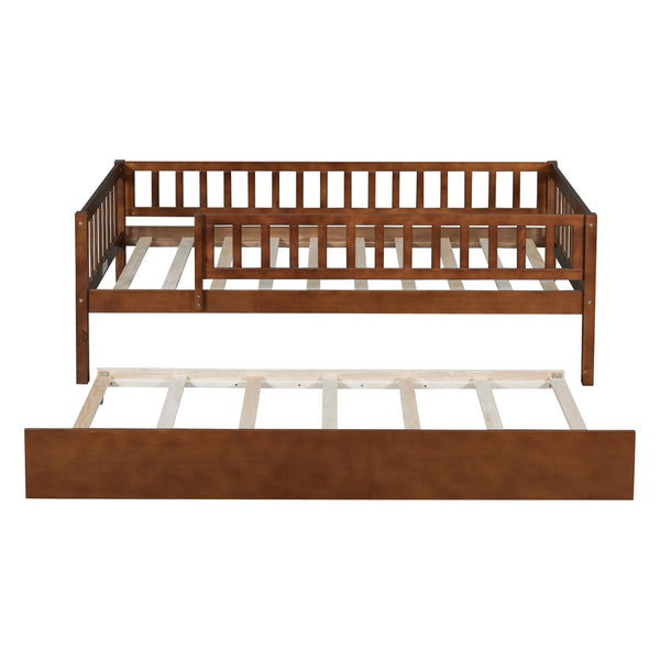 English Elm Twin Pine Wood Daybed with Roll Out Trundle Fence Guardrails Cabin Style Frame Walnut WF301862AAL