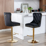 English Elm ,Thick Golden Swivel Velvet Barstools Adjusatble Seat Height From 27-35 Inch, Modern Upholstered Bar Stools With Backs Comfortable Tufted For Home Pub and Kitchen Island (Black,Set Of 2)