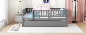 English Elm Full Size Pine Wood Daybed with Roll Out Trundle Fence Rail Guest Room Sleeper Gray WF301863AAE