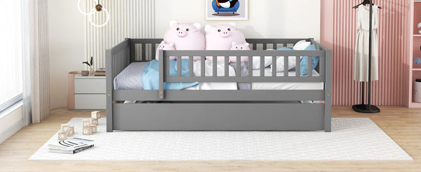 English Elm Full Size Pine Wood Daybed with Roll Out Trundle Fence Rail Guest Room Sleeper Gray WF301863AAE