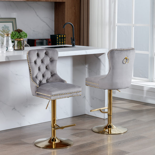 English Elm A&A Stylish Gray Velvet Swivel Barstools Set Of 2 With Adjustable Height & Modern Gold Base For Home W114367604