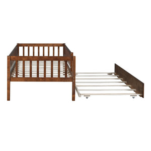 English Elm Twin Pine Wood Daybed with Roll Out Trundle Fence Guardrails Cabin Style Frame Walnut WF301862AAL