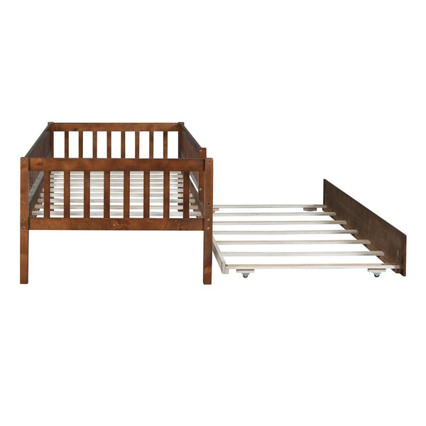 English Elm Twin Pine Wood Daybed with Roll Out Trundle Fence Guardrails Cabin Style Frame Walnut WF301862AAL