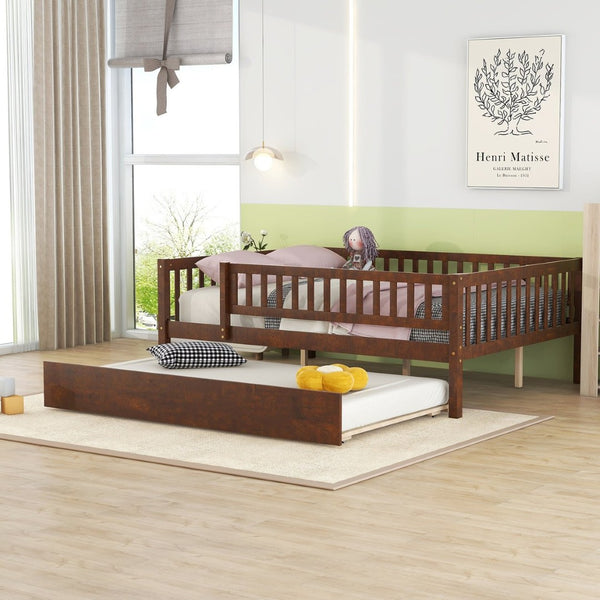 English Elm Full Size Pine Wood Daybed with Roll Out Trundle Fence Rail Guest Room Sleeper Walnut WF301863AAL