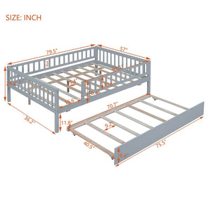 English Elm Full Size Pine Wood Daybed with Roll Out Trundle Fence Rail Guest Room Sleeper Gray WF301863AAE