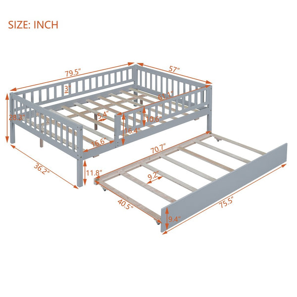 English Elm Full Size Pine Wood Daybed with Roll Out Trundle Fence Rail Guest Room Sleeper Gray WF301863AAE