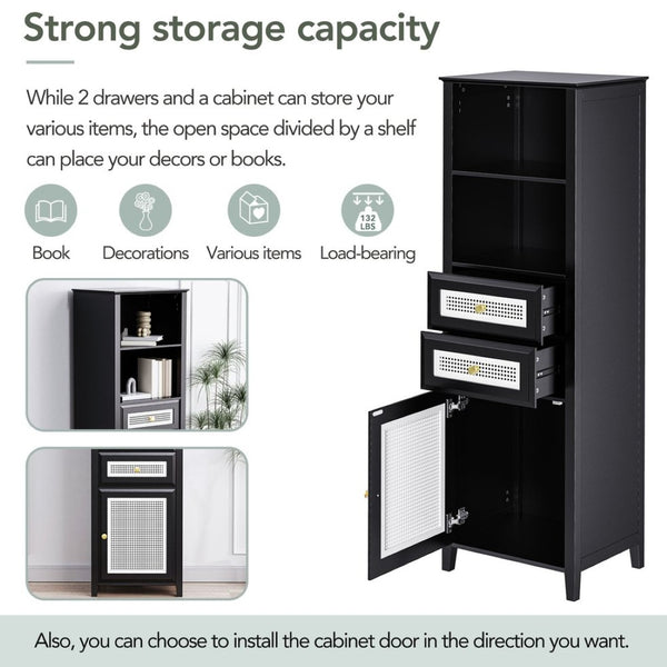 English Elm On-trend Boho Rattan Tower Cabinet 63 Inch Slim Mdf Storage for Any Room WF303856AAB