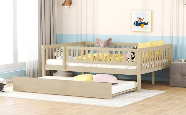 English Elm Full Size Pine Wood Daybed with Roll Out Trundle Fence Rail Guest Room Sleeper Natural WF301863AAN