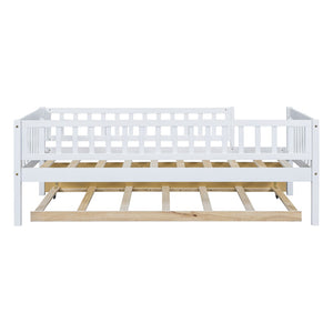 English Elm Twin Pine Wood Daybed with Roll Out Trundle Fence Guardrails Cabin Style Frame White WF301862AAK