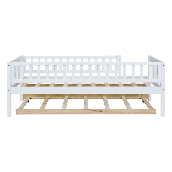 English Elm Twin Pine Wood Daybed with Roll Out Trundle Fence Guardrails Cabin Style Frame White WF301862AAK