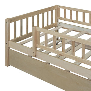 English Elm Twin Pine Wood Daybed with Roll Out Trundle Fence Guardrails Cabin Style Frame Natural WF301862AAN