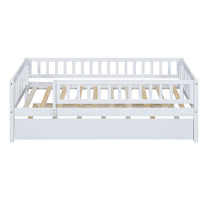 English Elm Twin Pine Wood Daybed with Roll Out Trundle Fence Guardrails Cabin Style Frame White WF301862AAK
