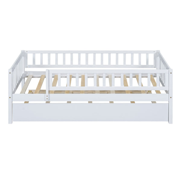 English Elm Twin Pine Wood Daybed with Roll Out Trundle Fence Guardrails Cabin Style Frame White WF301862AAK
