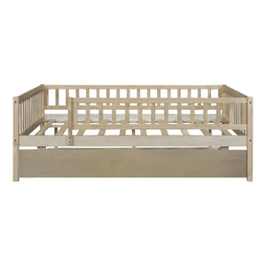 English Elm Full Size Pine Wood Daybed with Roll Out Trundle Fence Rail Guest Room Sleeper Natural WF301863AAN