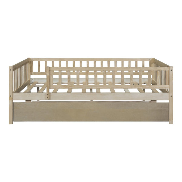 English Elm Full Size Pine Wood Daybed with Roll Out Trundle Fence Rail Guest Room Sleeper Natural WF301863AAN