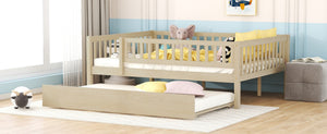 English Elm Full Size Pine Wood Daybed with Roll Out Trundle Fence Rail Guest Room Sleeper Natural WF301863AAN