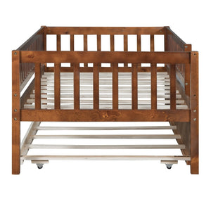 English Elm Twin Pine Wood Daybed with Roll Out Trundle Fence Guardrails Cabin Style Frame Walnut WF301862AAL