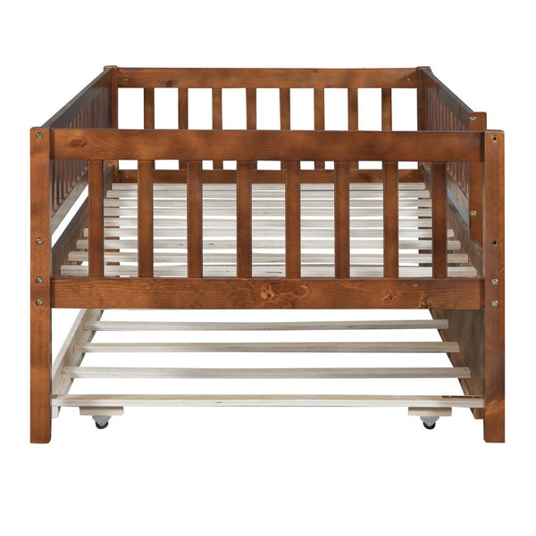 English Elm Twin Pine Wood Daybed with Roll Out Trundle Fence Guardrails Cabin Style Frame Walnut WF301862AAL