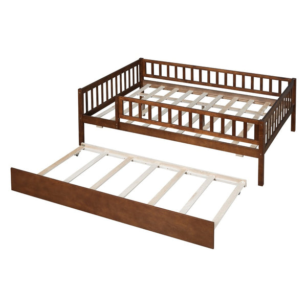 English Elm Full Size Pine Wood Daybed with Roll Out Trundle Fence Rail Guest Room Sleeper Walnut WF301863AAL
