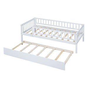 English Elm Twin Pine Wood Daybed with Roll Out Trundle Fence Guardrails Cabin Style Frame White WF301862AAK