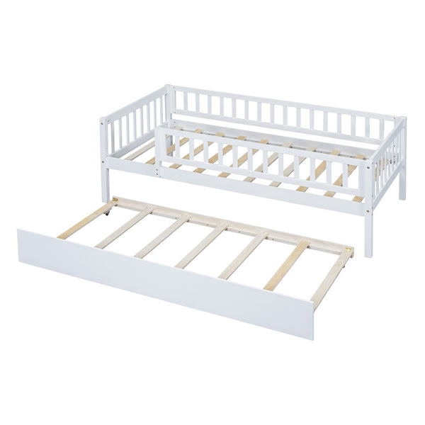 English Elm Twin Pine Wood Daybed with Roll Out Trundle Fence Guardrails Cabin Style Frame White WF301862AAK