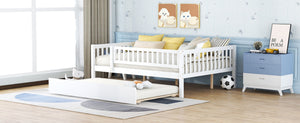 English Elm Full Size Pine Wood Daybed with Roll Out Trundle Fence Rail Guest Room Sleeper WF301863AAK