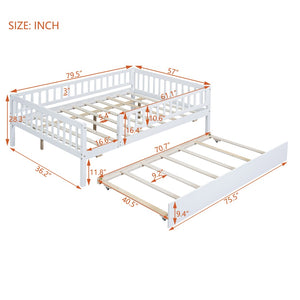 English Elm Full Size Pine Wood Daybed with Roll Out Trundle Fence Rail Guest Room Sleeper WF301863AAK