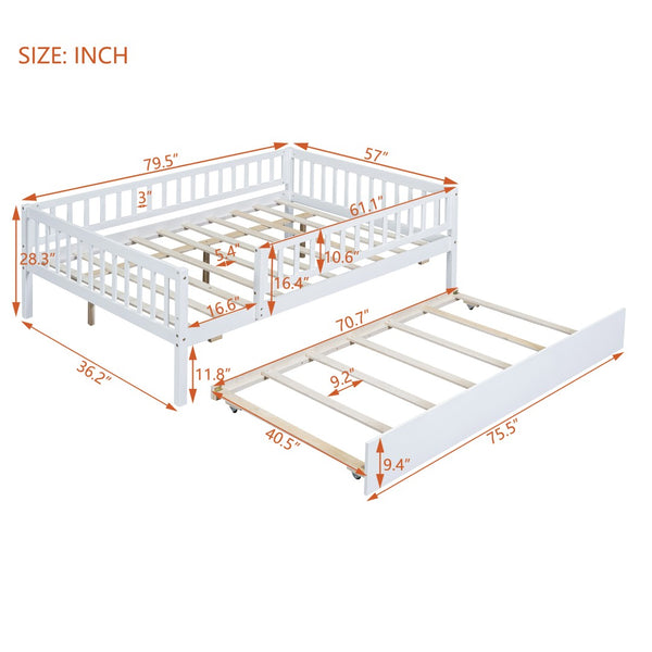 English Elm Full Size Pine Wood Daybed with Roll Out Trundle Fence Rail Guest Room Sleeper WF301863AAK